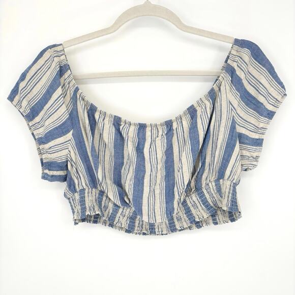 Torrid Off Shoulder Blue Cream Linen Blend Cropped Top Size 3X - Picture 3 of 8